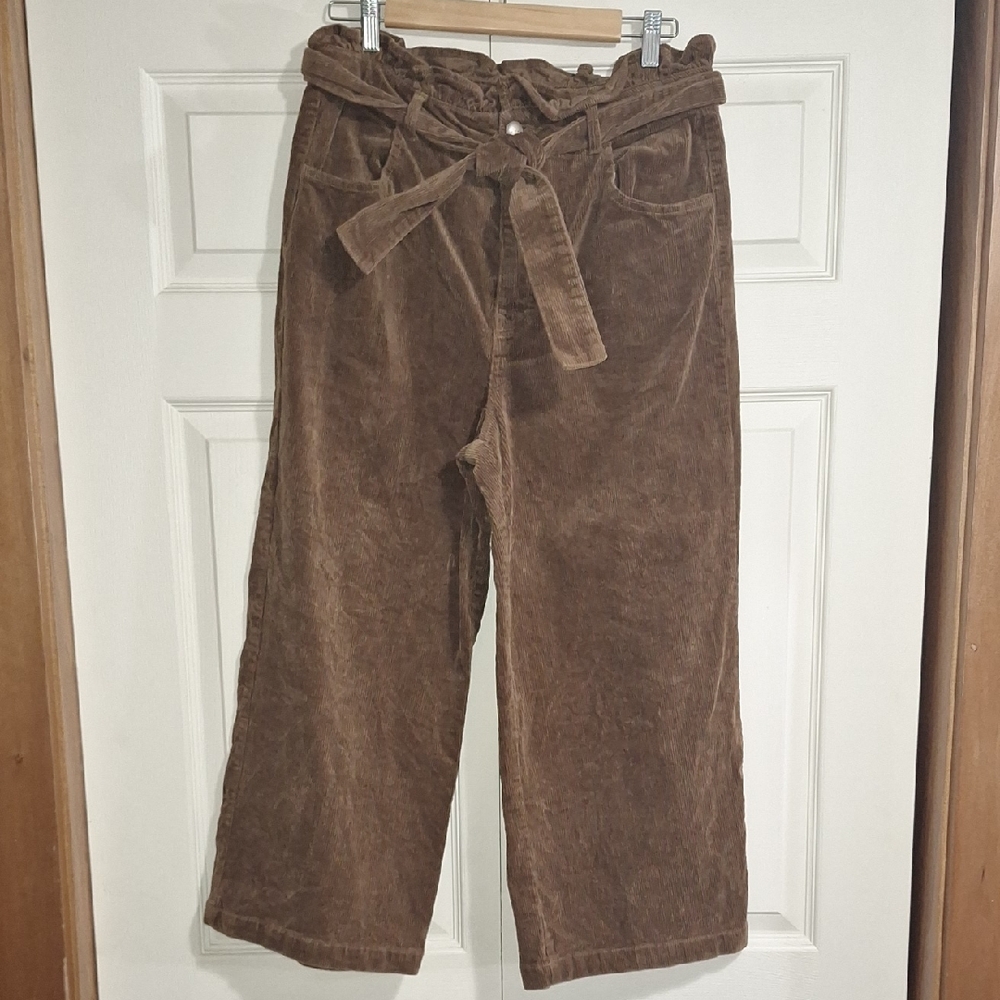 Tgla Chic Rust Brown Wide Leg Corduroy Trousers-Tie Waist-L